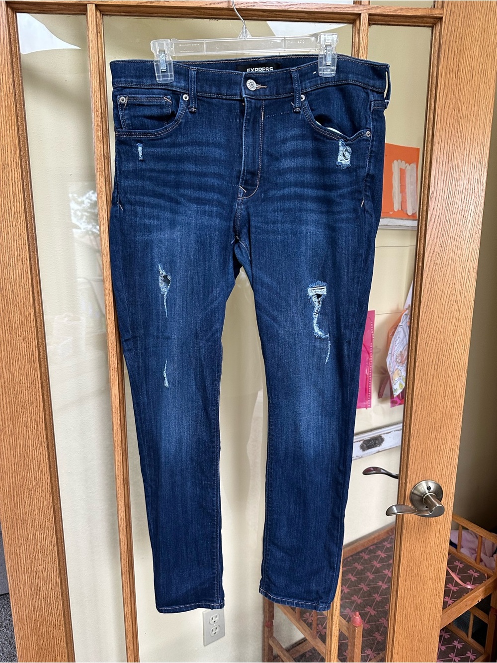 Express Women’s Dark Blue Skinny Jeans with Distressed Details